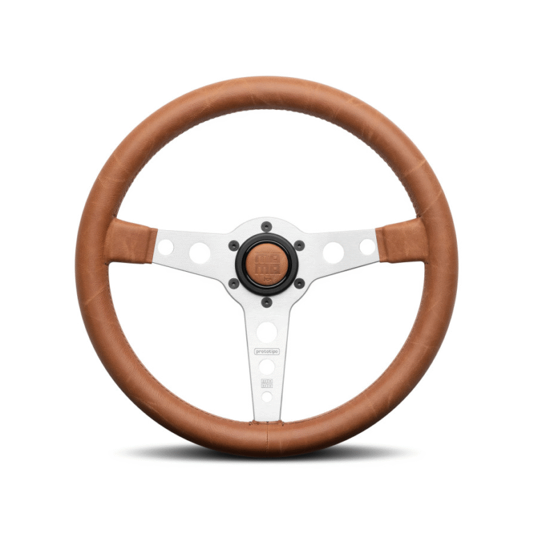 MOMO Prototipo Heritage Tobacco steering wheel, distressed brown leather rim with silver three spoke centre