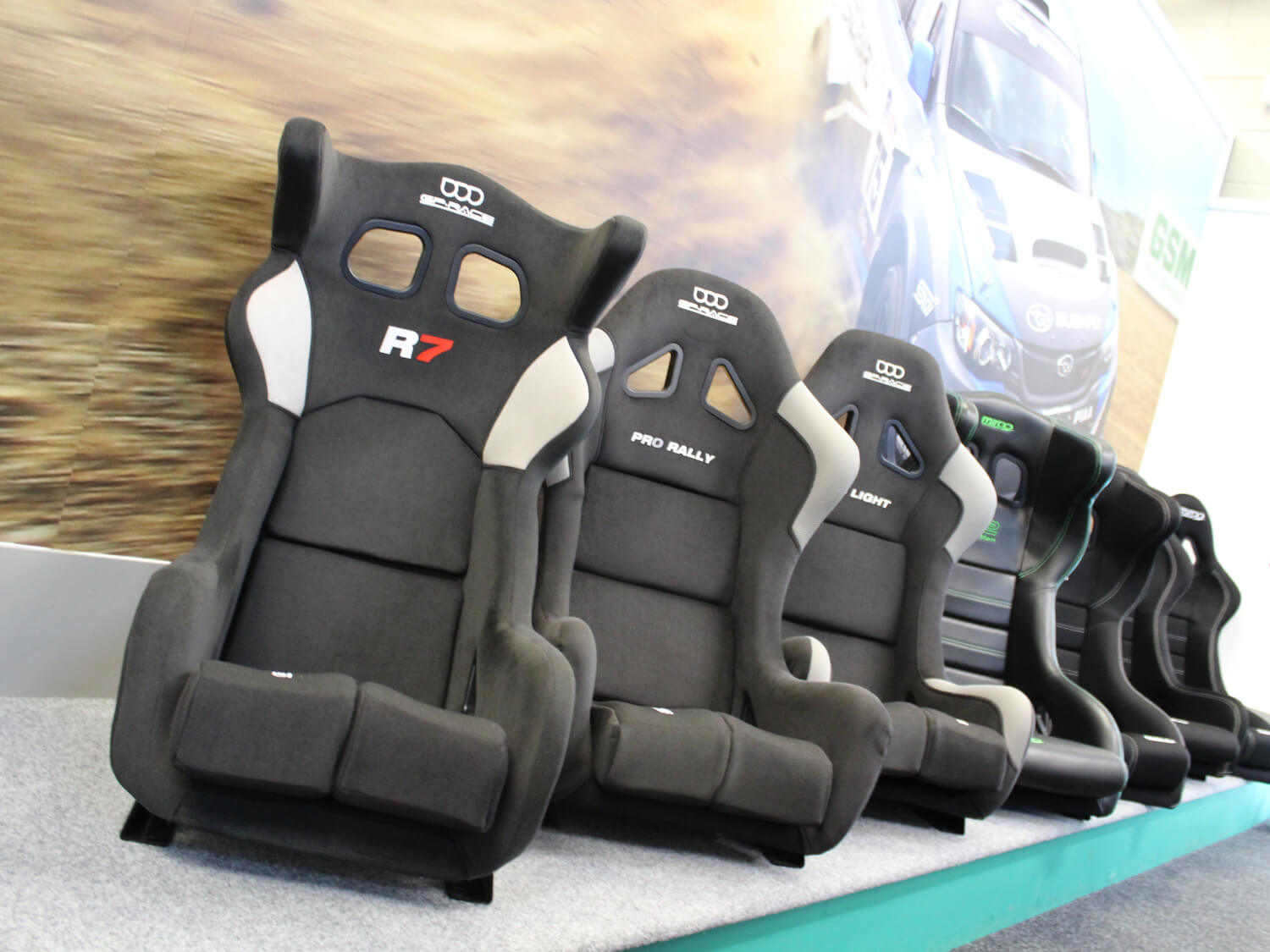 Racing bucket seats on display at the GSM Performance showroom