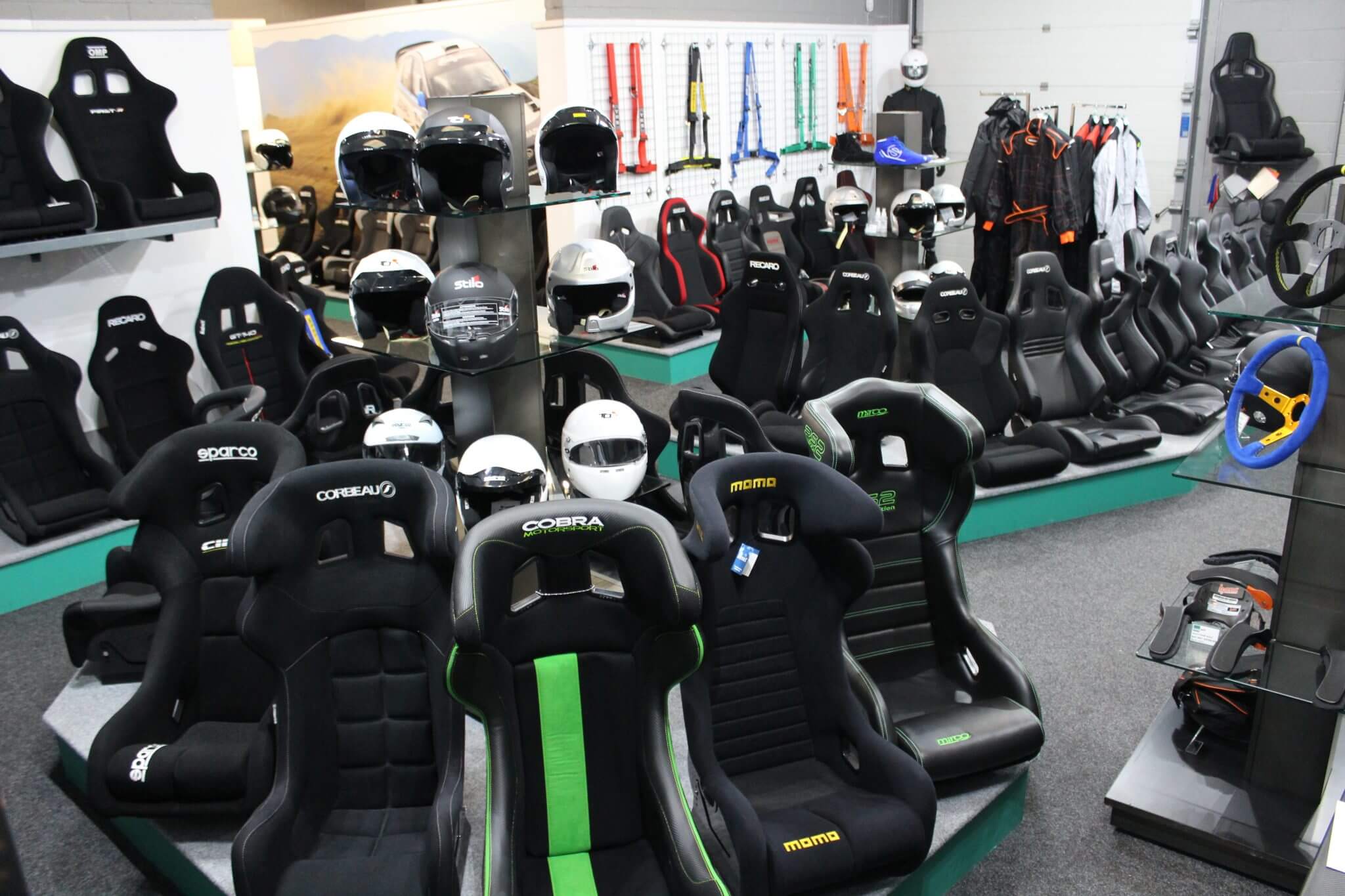 General view of the motorsport equipment display at GSM Performance