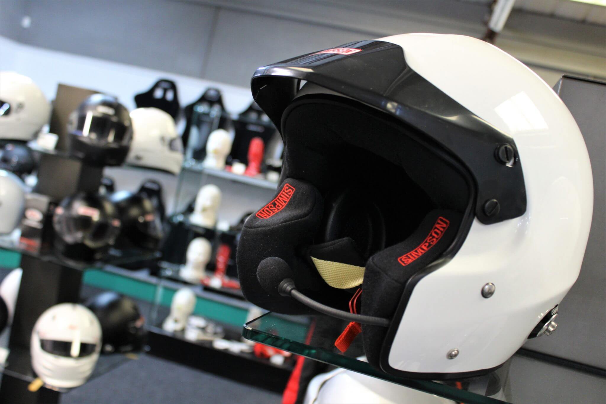 Simpson rally helmet with intercom fitted at GSM Performance