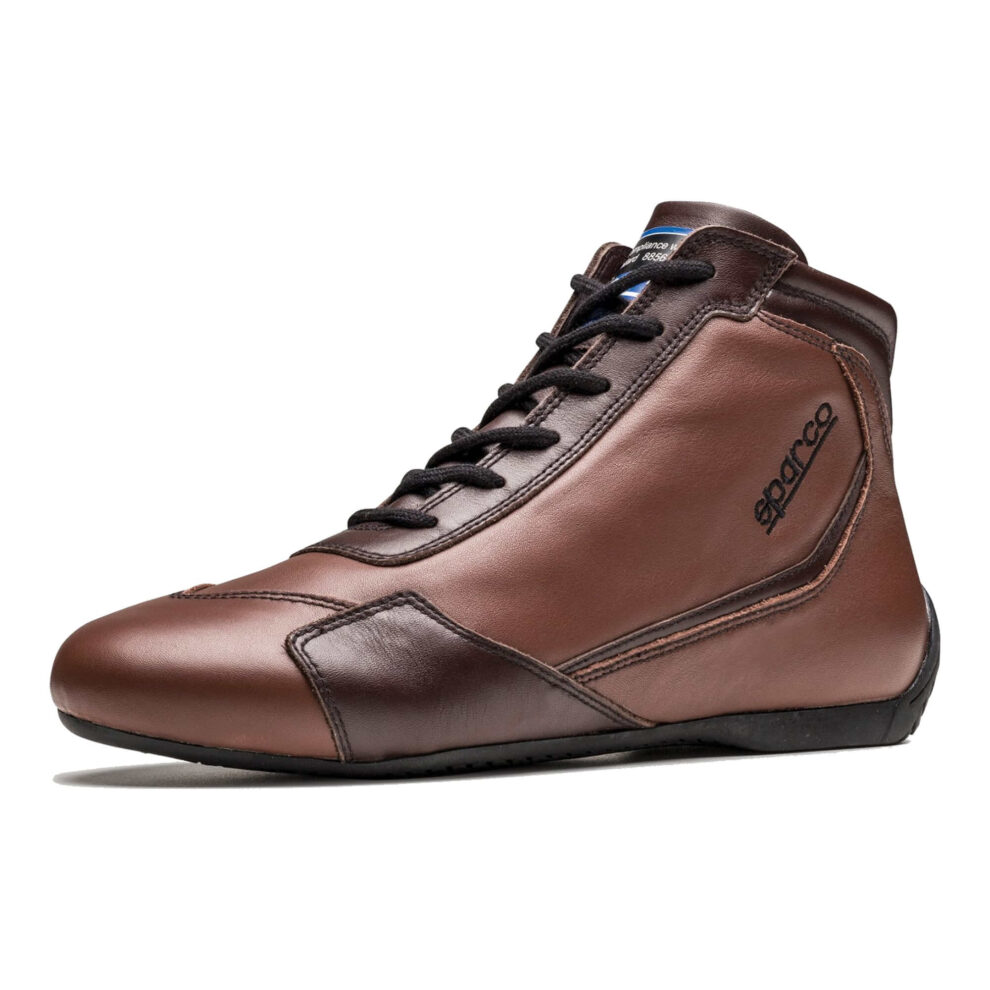 The Sparco Slalom RB-3 Classic racing shoe in brown leather with dark brown panels and black laces