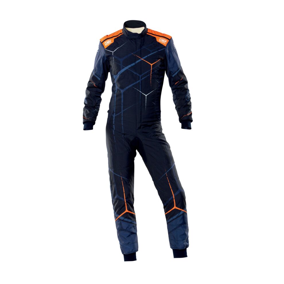 The OMP One Art race suit in white and blue with its printed design