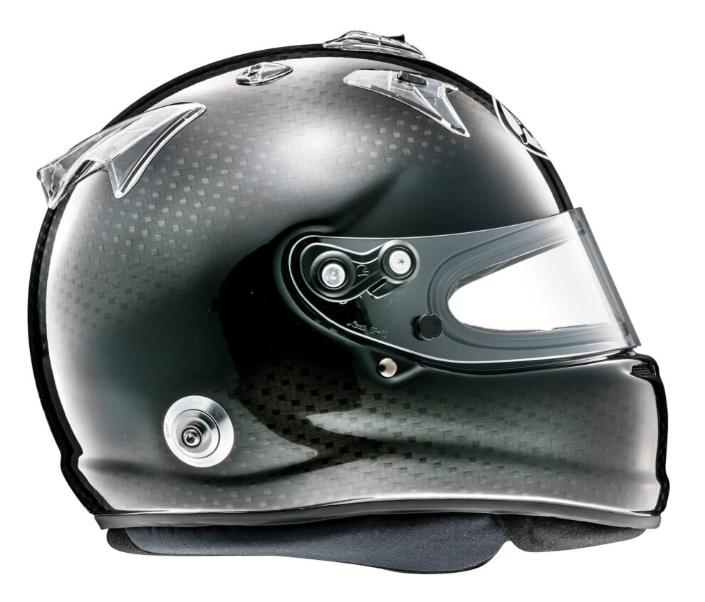 Side view of the Arai GP-7 SRC ABP Carbon helmet with its visor fitted
