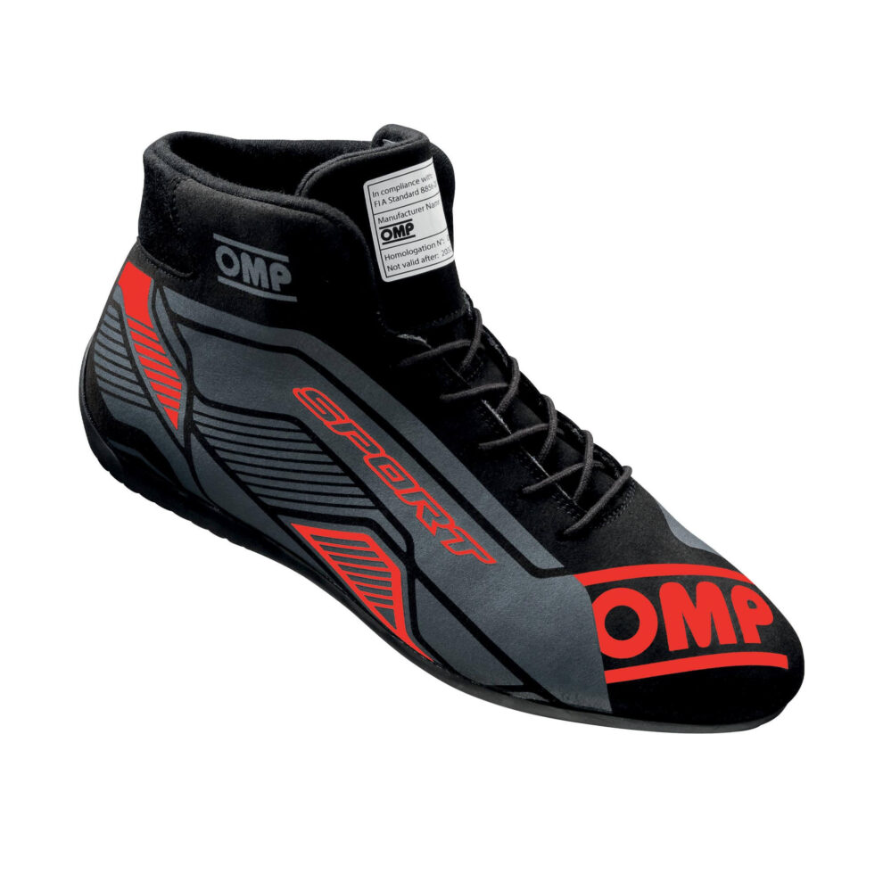 An OMP Sport race boot in black and red