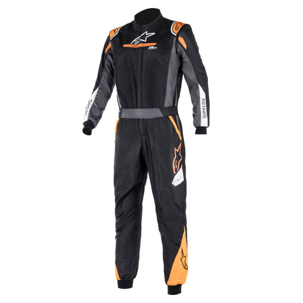 The Alpinestars Atom race suit in a graphic colour scheme