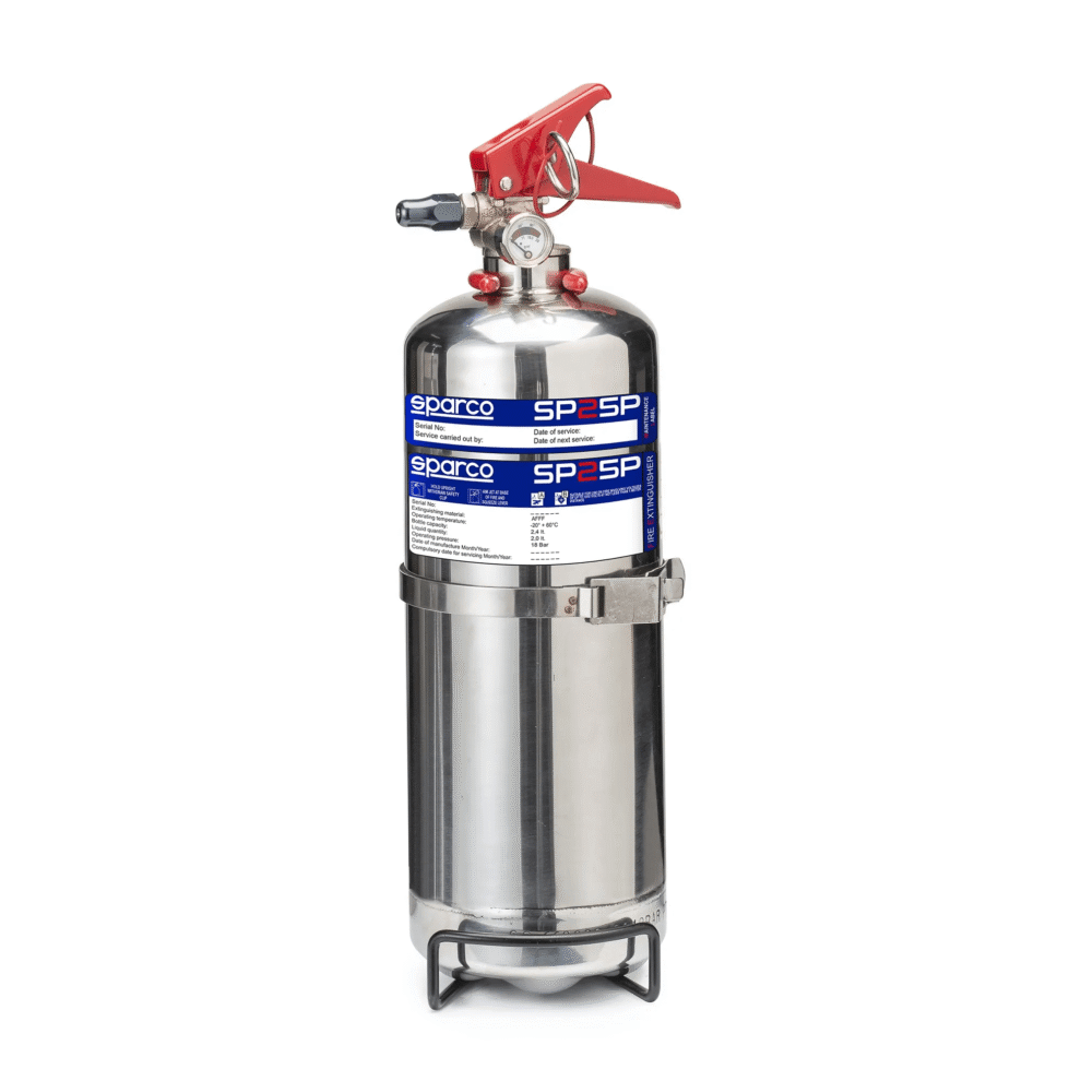 Sparco 2 litre AFFF hand held fire extinguisher with a red handle, on a white background