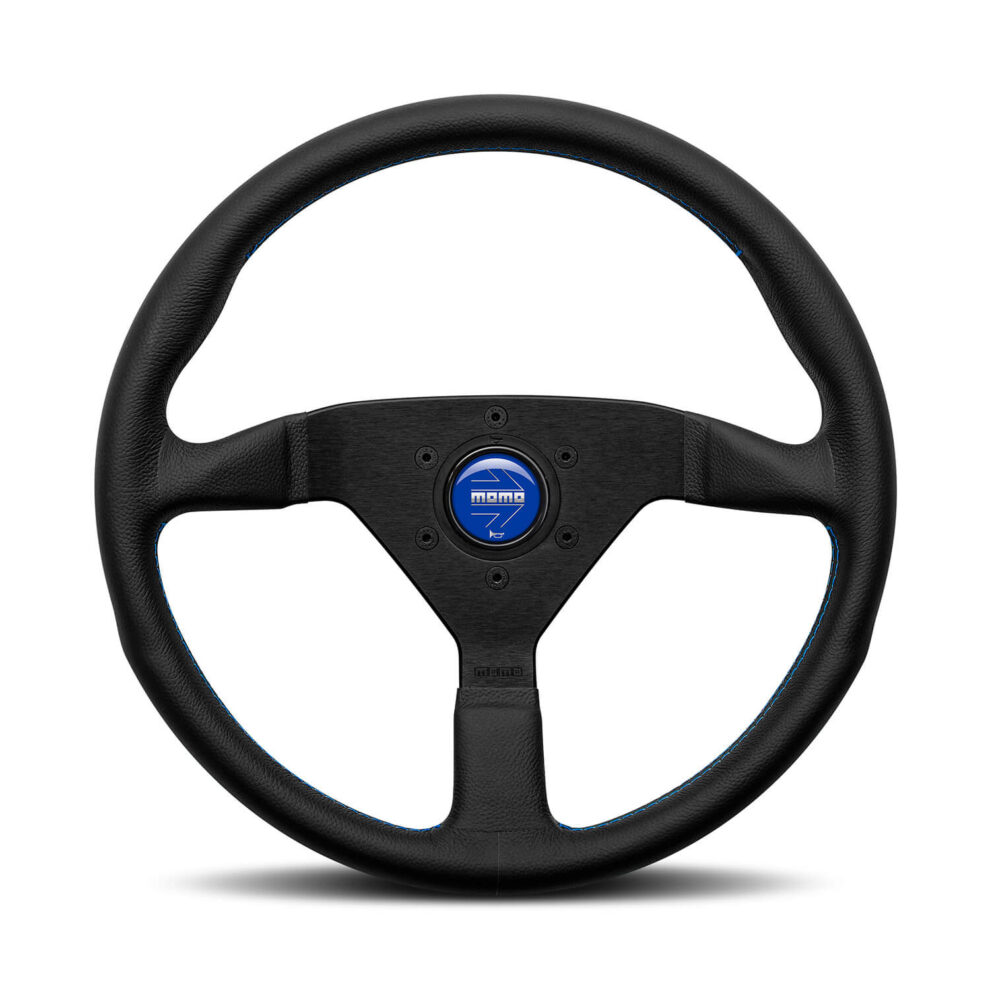 MOMO Montecarlo steering wheel with blue stitching and a blue centre horn button
