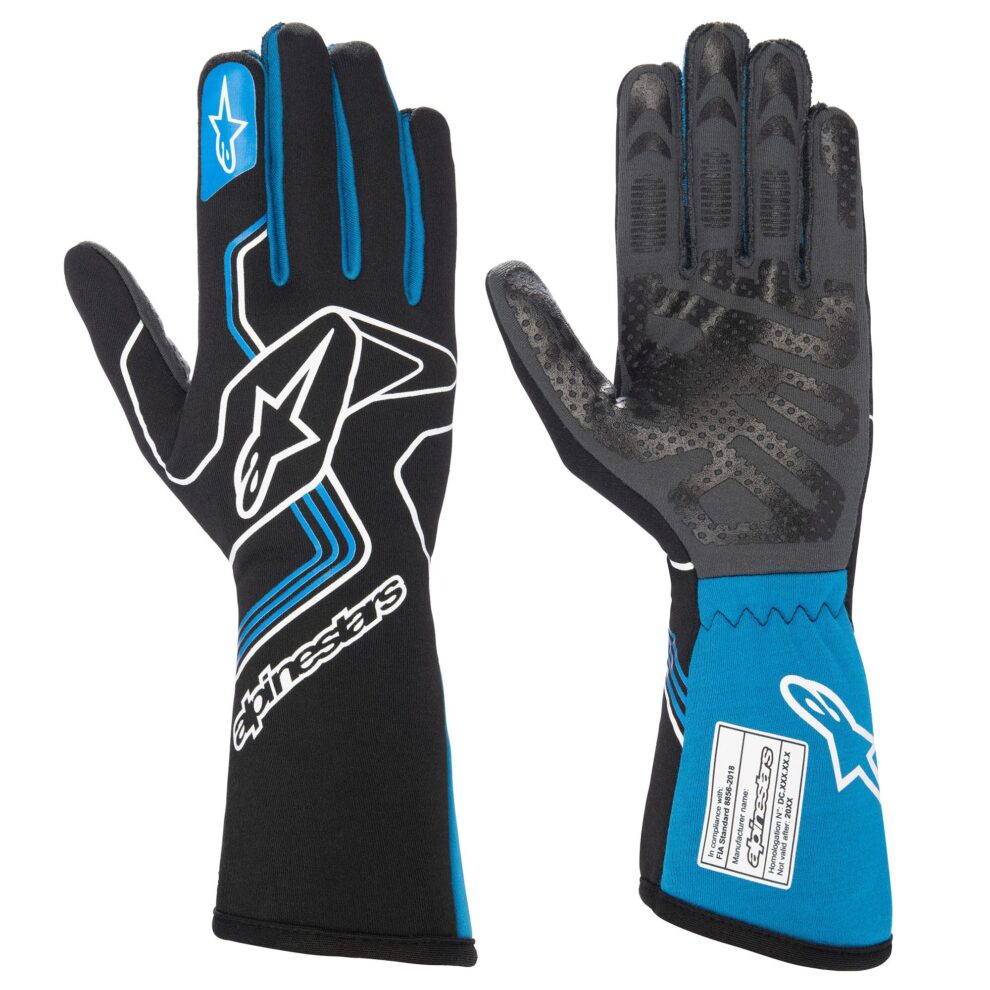 Alpinestars Tech 1 Race V3 racing gloves in black and blue, back and palm