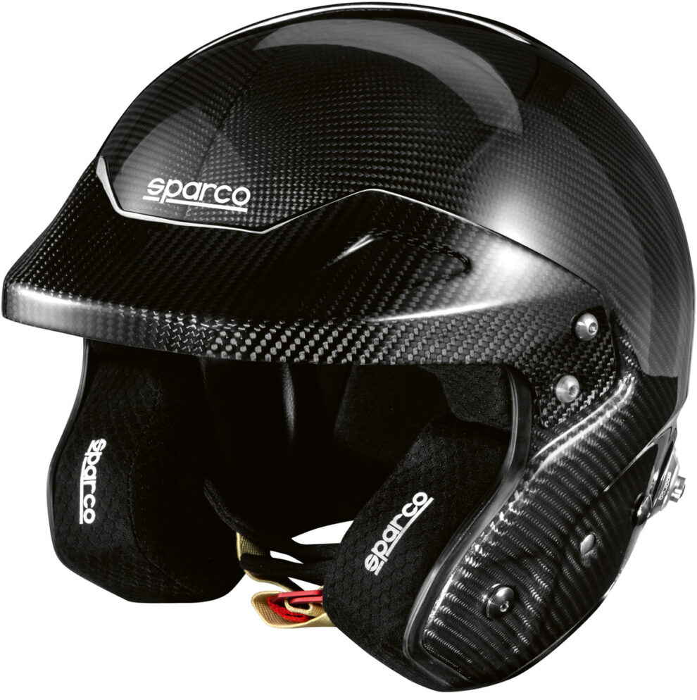 The Sparco RJ Carbon open face helmet in black carbon fibre with its peak and black lining, on a white background