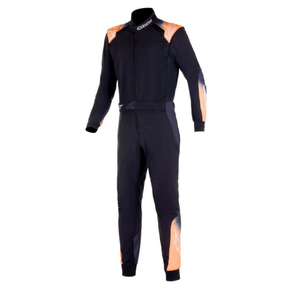 An Alpinestars KMX-5 V2 kart suit in black, white and orange on a white background