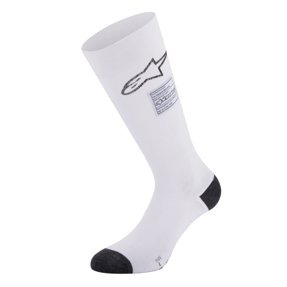 A pair of white Alpinestars ZX Evo V4 race socks on a white background