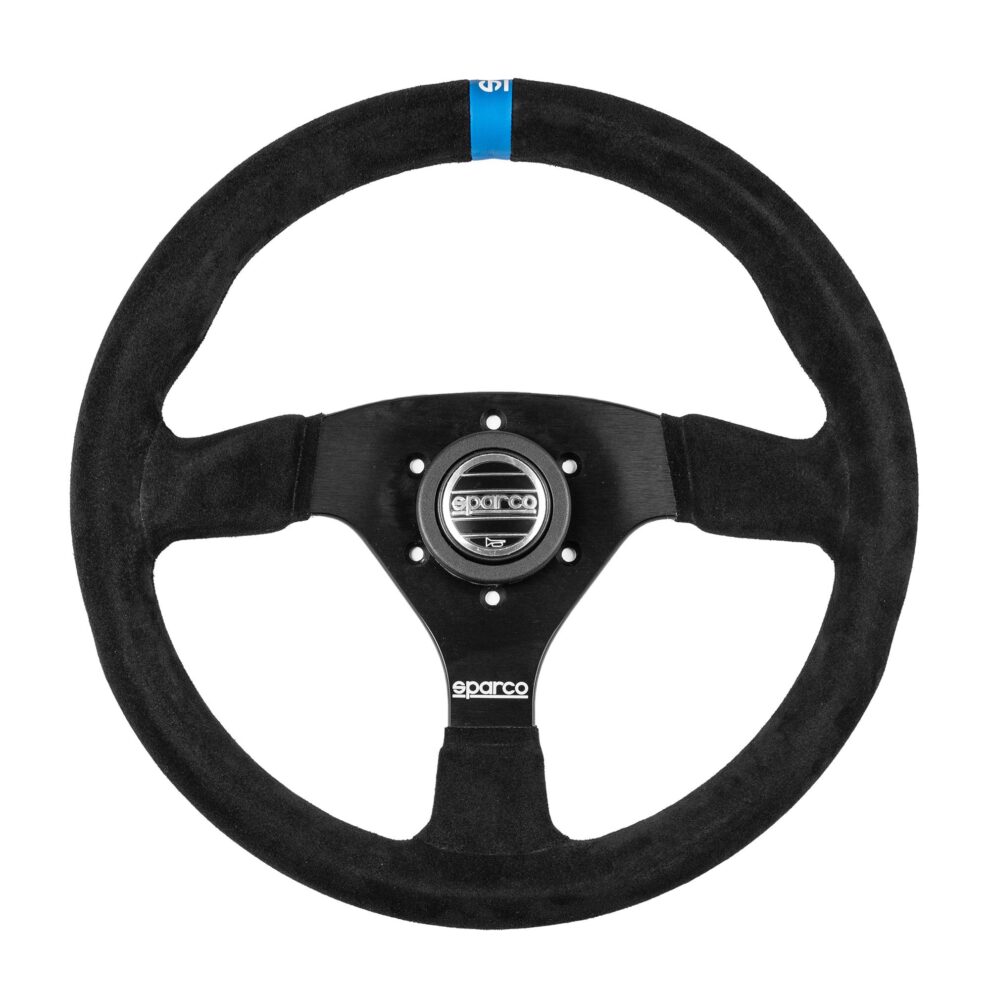 A Sparco 383 steering wheel with a black suede rim, black spokes and a blue centre stripe with the Sparco logo, on a white background