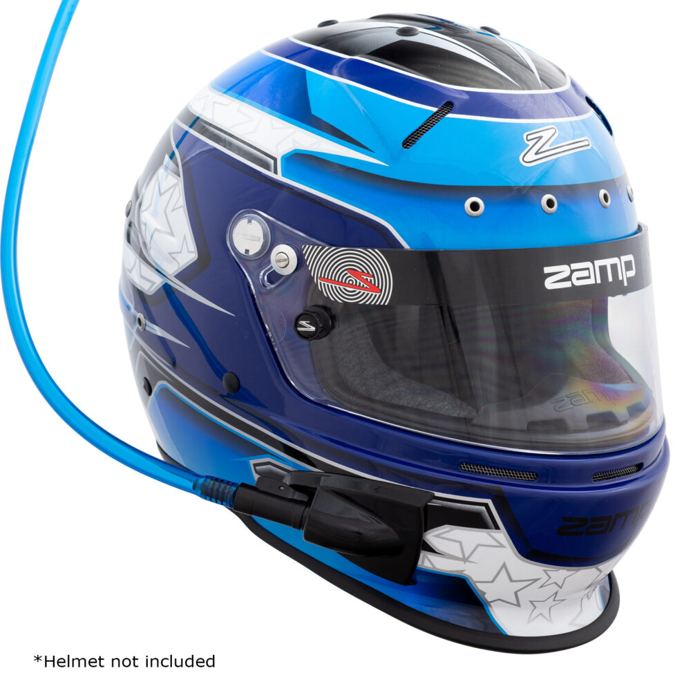 A blue Zamp helmet with a Zamp hydration kit fitted, showing the blue drink tube running from the side of the helmet