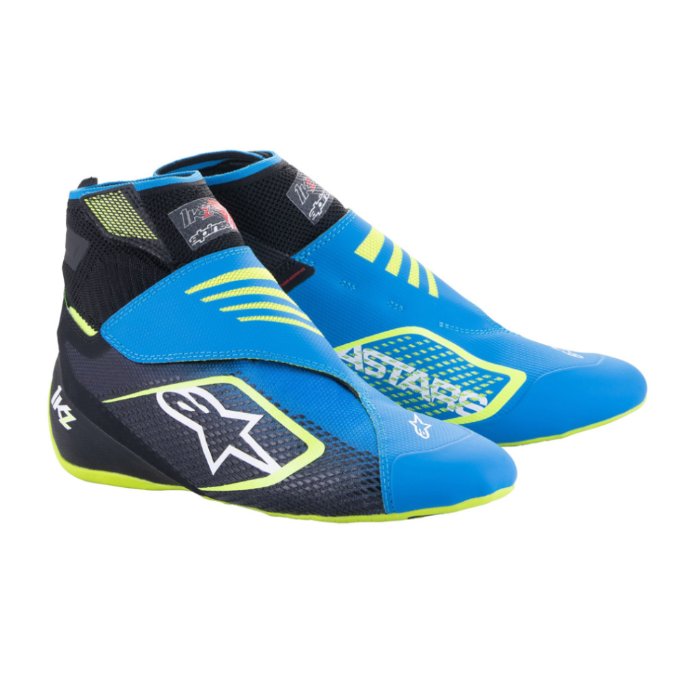 The Alpinestars Tech 1-KZ V2 kart boot in black, blue and fluorescent yellow