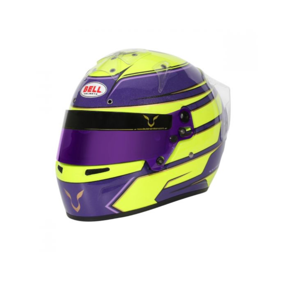 The Bell KC7-CMR kart helmet in the purple and fluorescent yellow Lewis Hamilton 2022 design