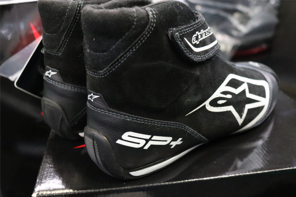 The heel of a black Alpinestars SP+ race boot showing the SP+ logo