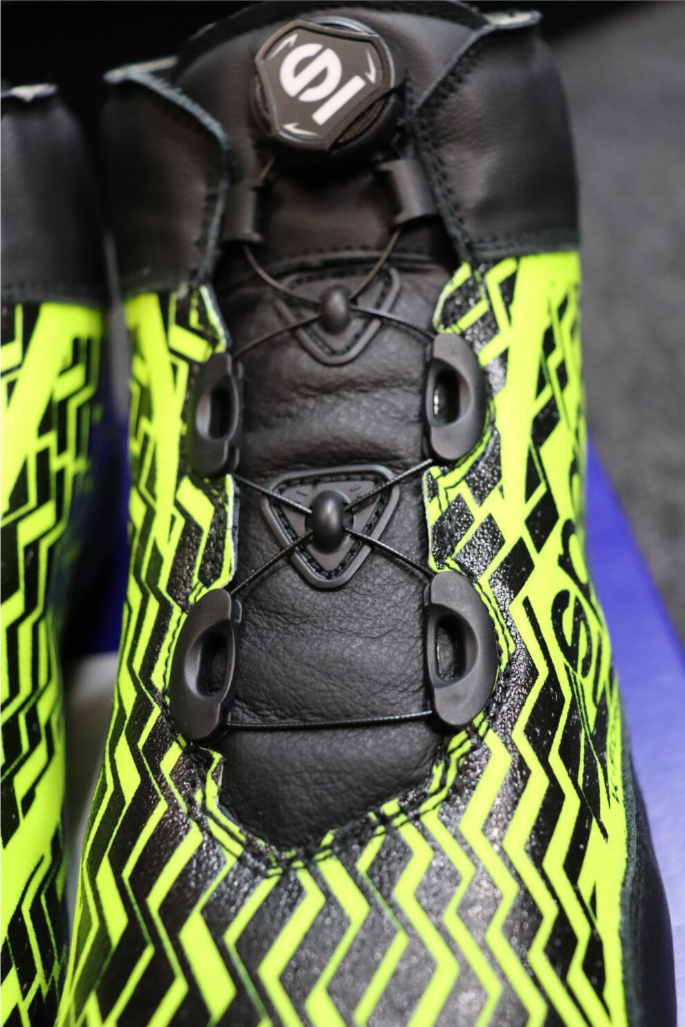 The rotary dial and cable closure on the front of a Sparco K-Formula kart boot