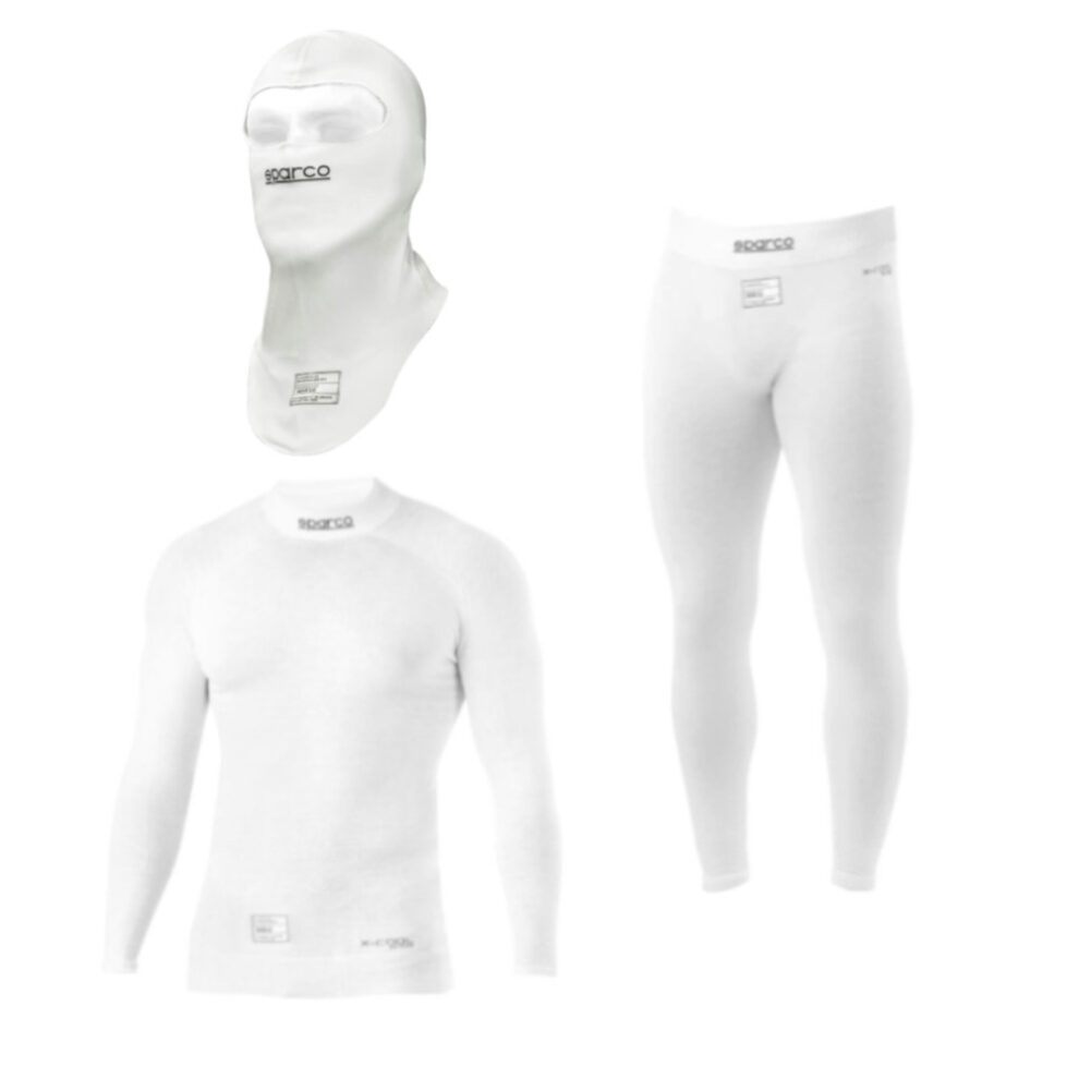A white Sparco racing balaclava, long sleeve top and long johns on a white background