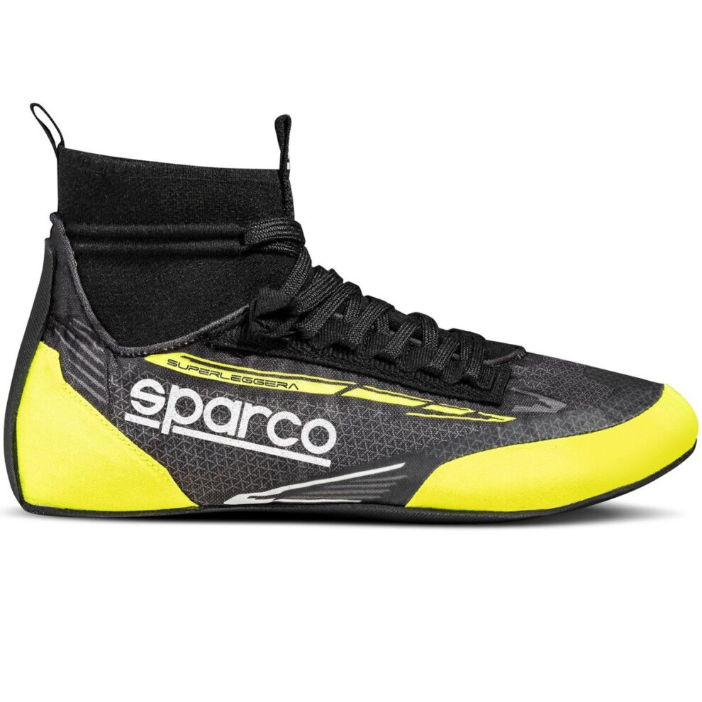 Side view of a Sparco Superleggera OPT race boot in black with fluro yellow toe and heel, on a white background