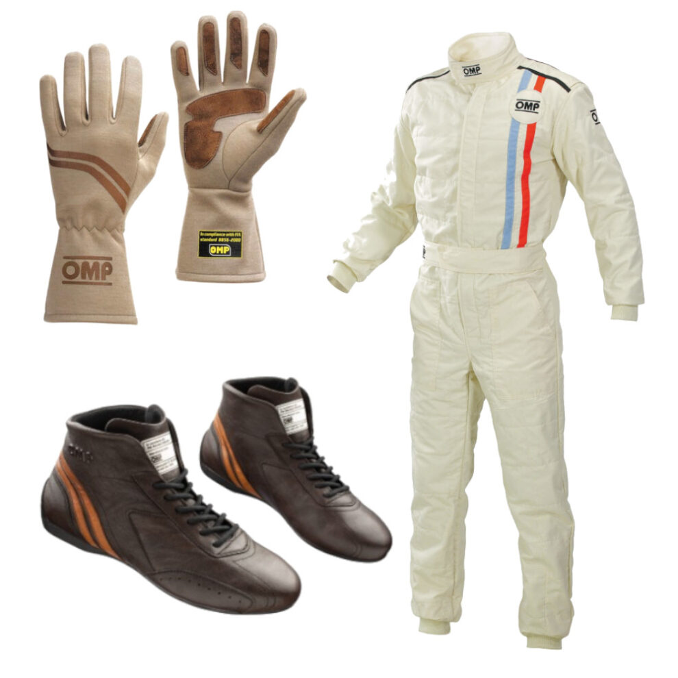 The OMP Classic race suit in cream with two vertical stripes on the chest, on a white background