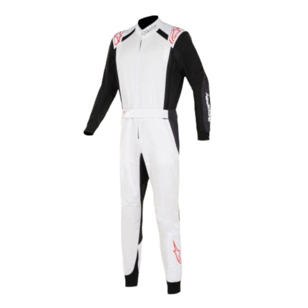 The Alpinestars KMX-5 V3 kart suit in white with black sides and red stars