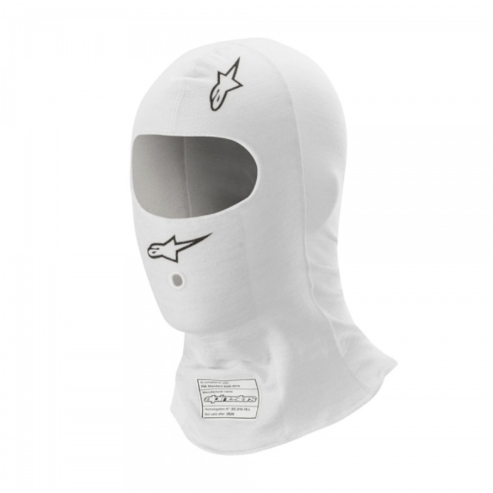 A white Alpinestars Race V3 open face balaclava on a white background