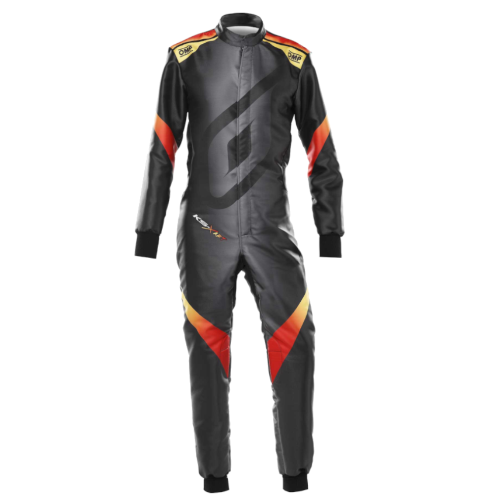 The OMP KS-X Art kart suit in anthracite with red and yellow stripes on the arms and legs, on a white background