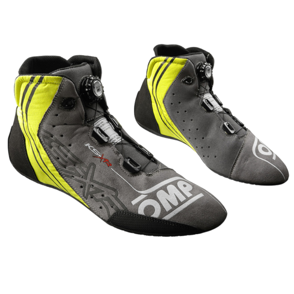 The OMP KS-XR kart boot in anthracite with silver and yellow detail, on a white background