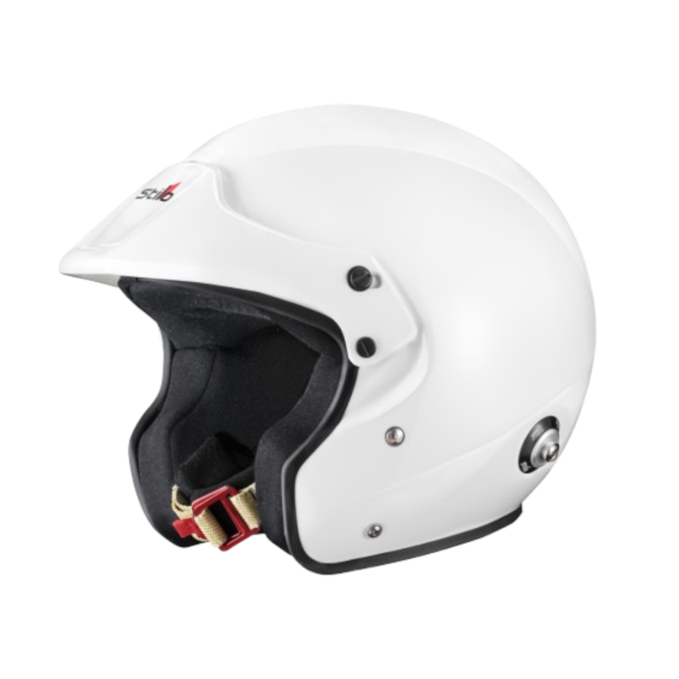 A white Stilo Sport Jet open face helmet with a white peak and Stilo logo, on a white background