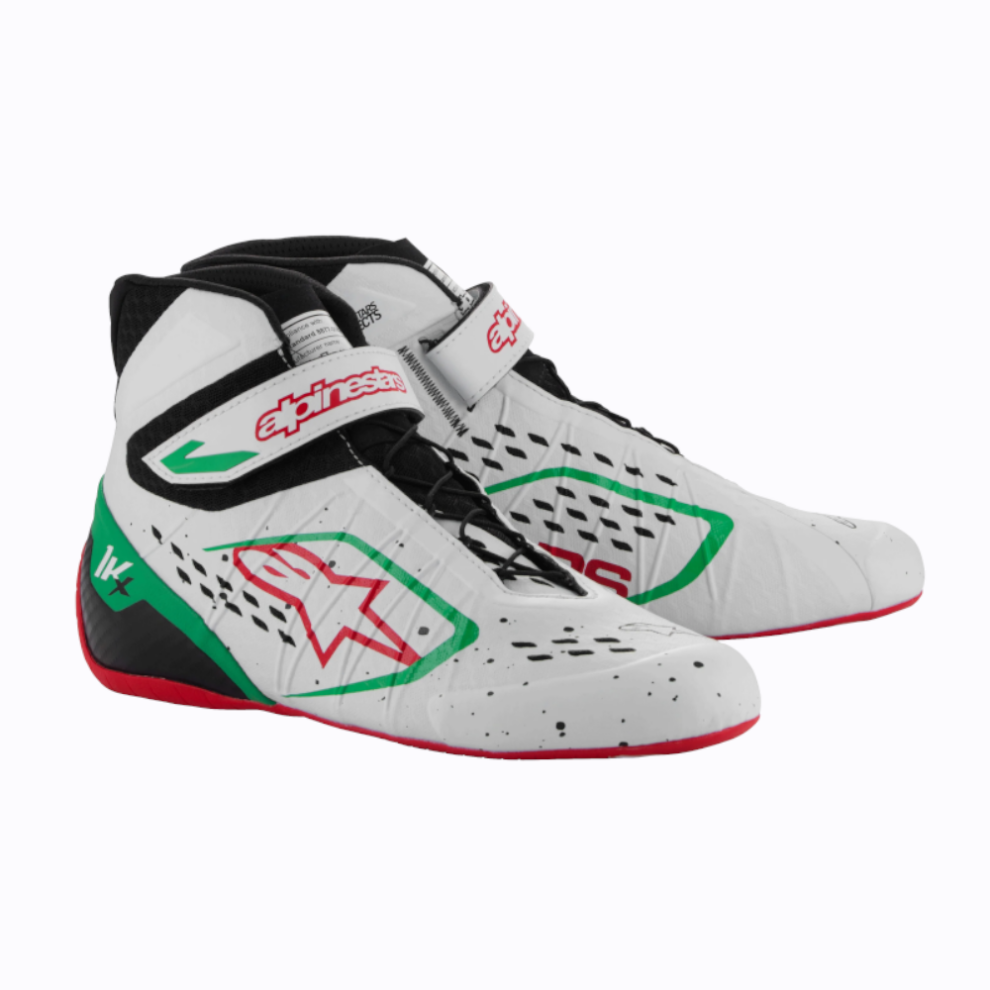 An Alpinestars Tech 1-KX V3 kart boot in white with green and red detailing, on a white background