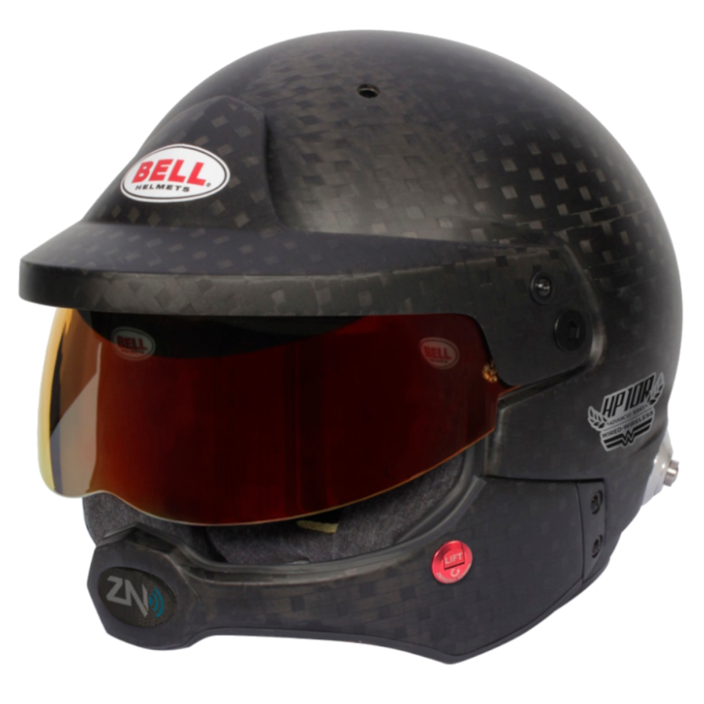 The Bell HP10 Carbon Rally WW open face helmet in matt carbon with a peak, a tinted sunscreen and a ZeroNoise chin bar