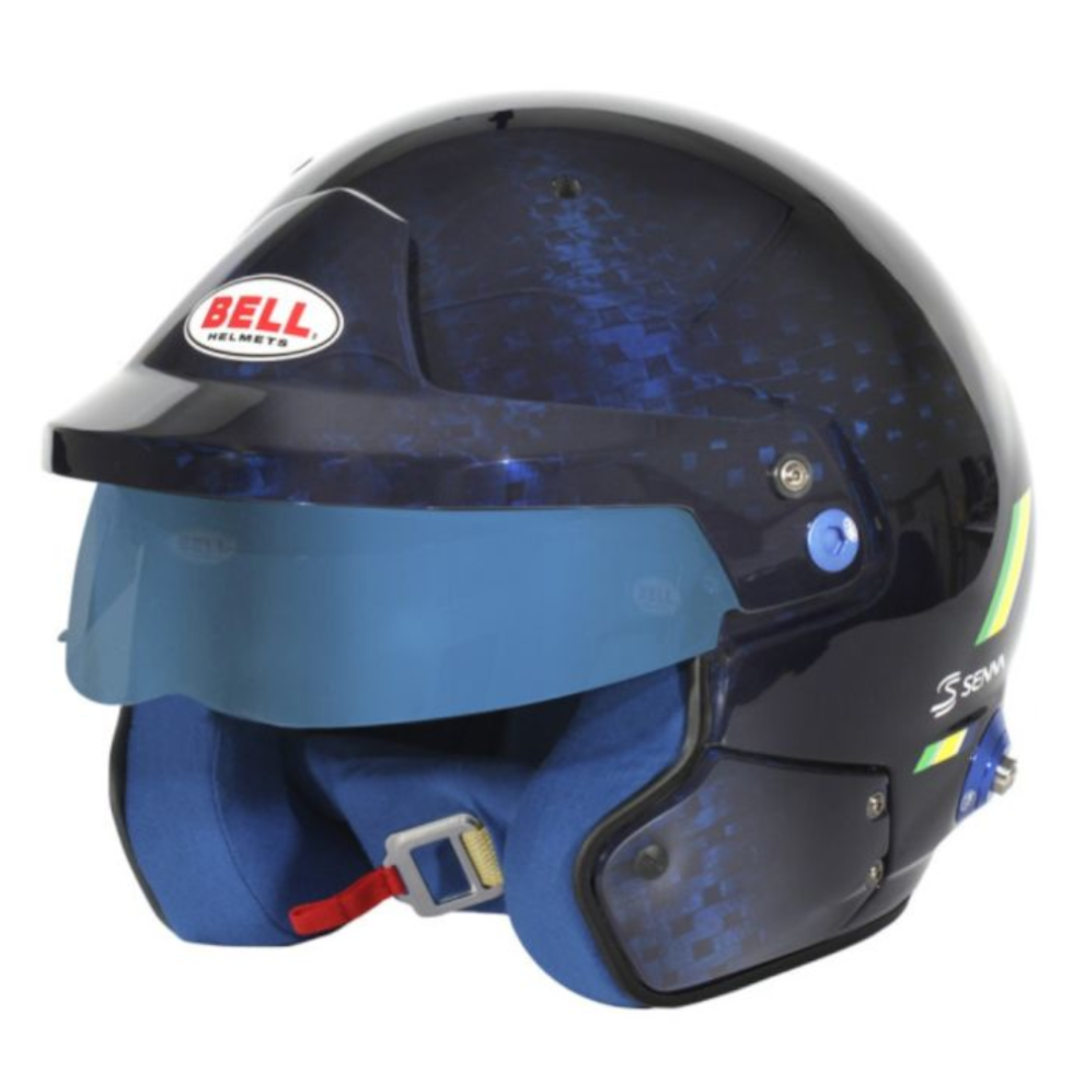 The Bell Mag-10 Carbon Ayrton Senna open face helmet in dark blue carbon with a blue sunscreen, blue interior and green and yellow stripes