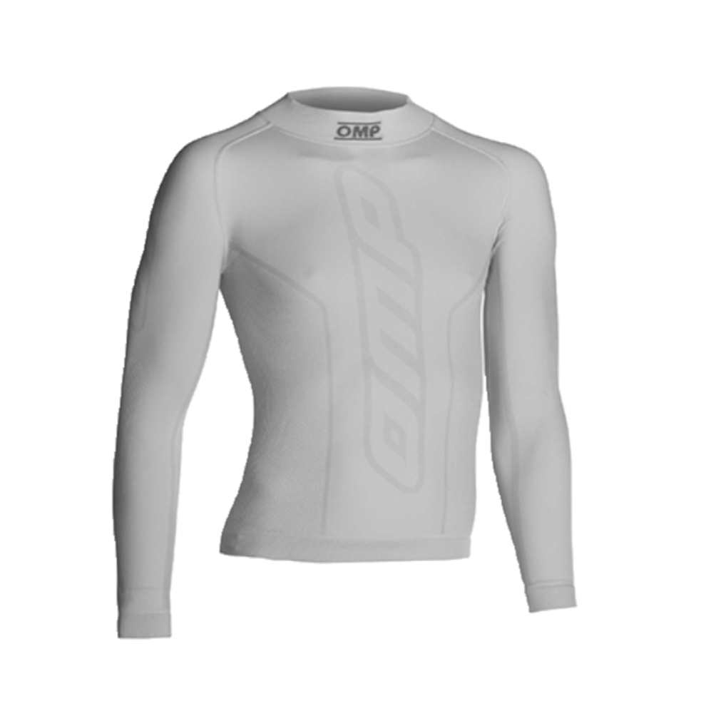 The white OMP KS long sleeve karting top on a white background