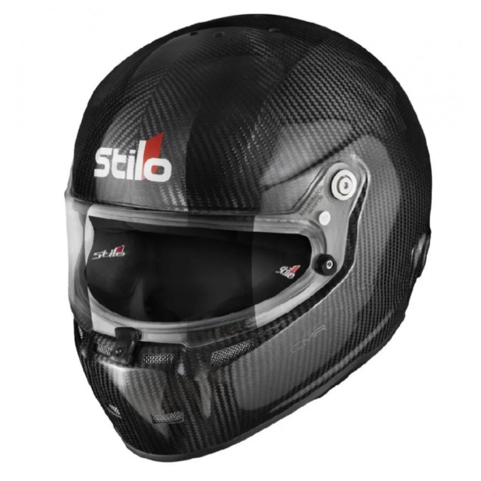 The Stilo ST5 CMR Carbon kart helmet in bare carbon weave with a clear visor