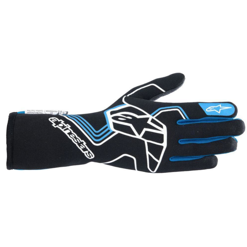 A pair of black and blue Alpinestars Tech 1 Race V4 racing gloves, back and palm