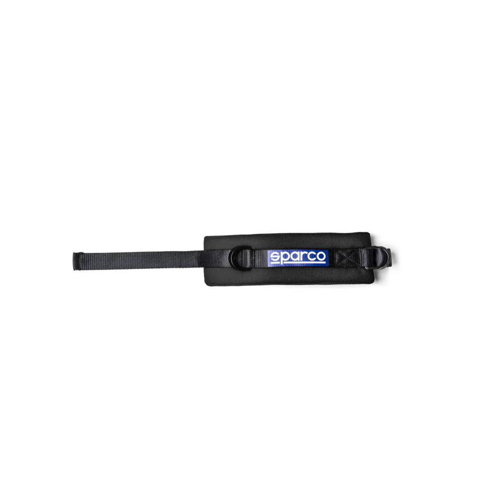 One Sparco arm restraint with black padding, blue Sparco label, webbing strap and D-rings, on a white background