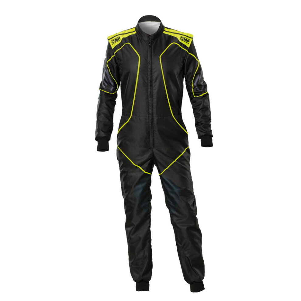 The OMP KS-2X Art kart suit in black with fluorescent yellow lines and shoulders, on a white background