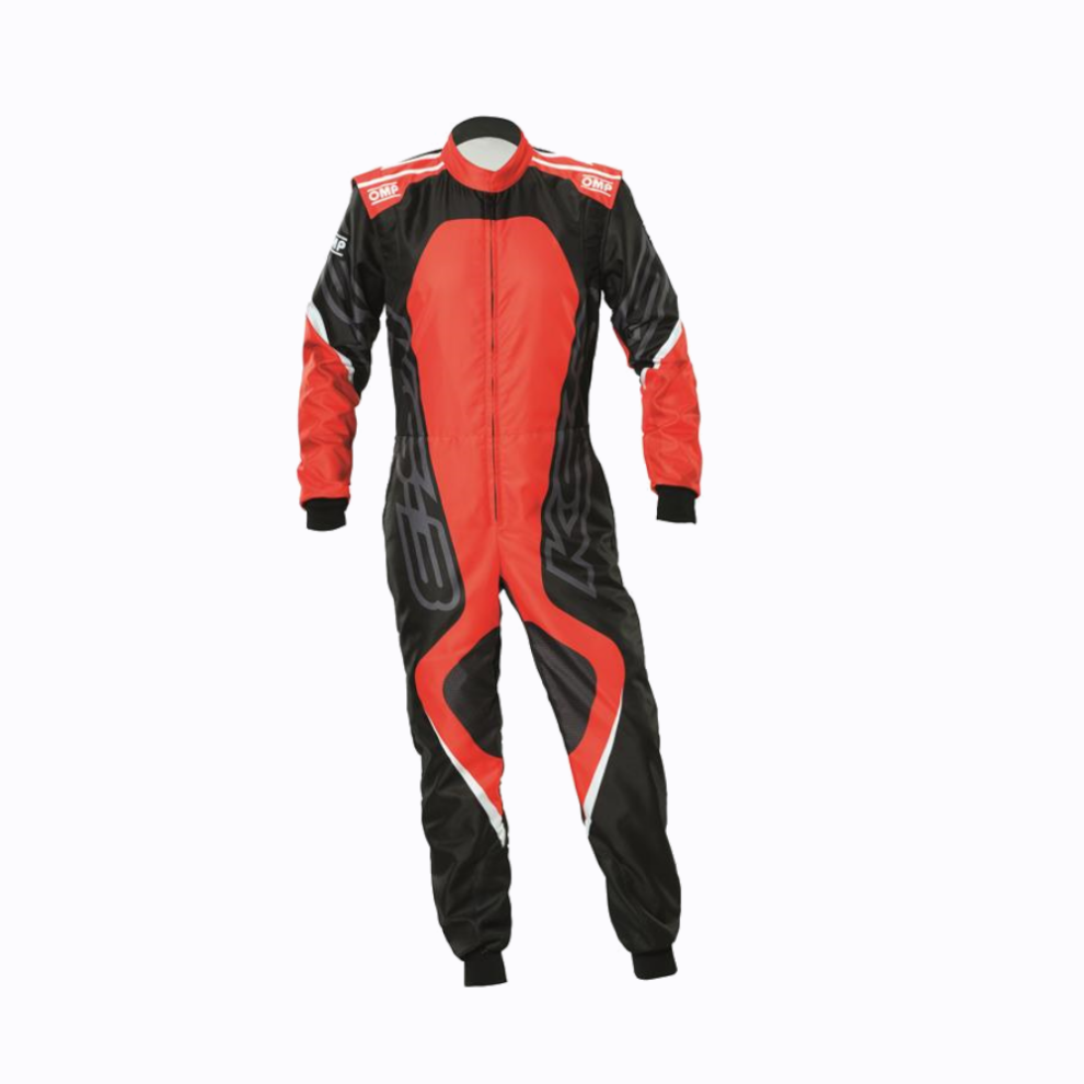 The OMP KS-3X Art kart suit in black with red printed graphics, on a white background