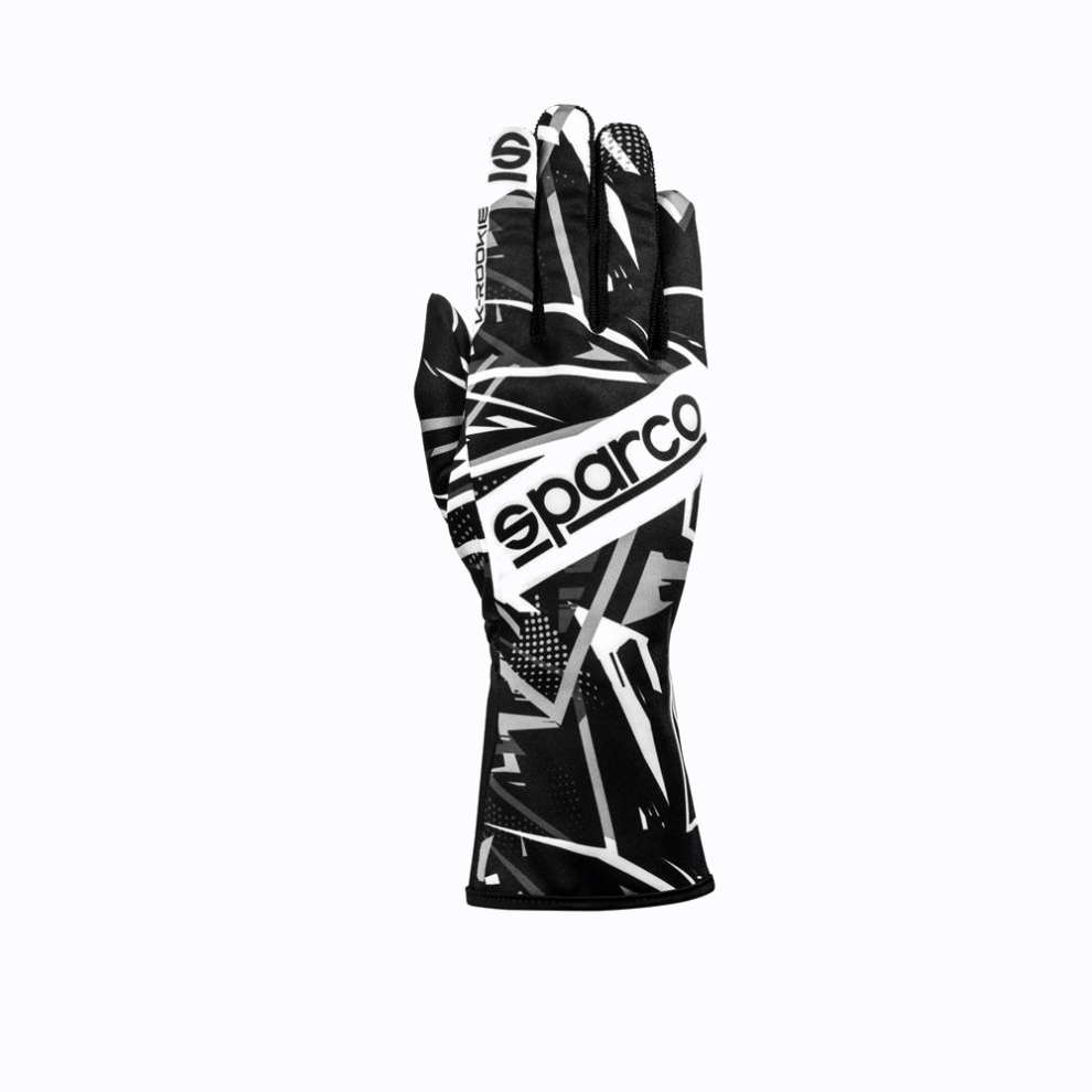 A Sparco K-Rookie kart glove in black and white, showing the back of the hand, on a white background