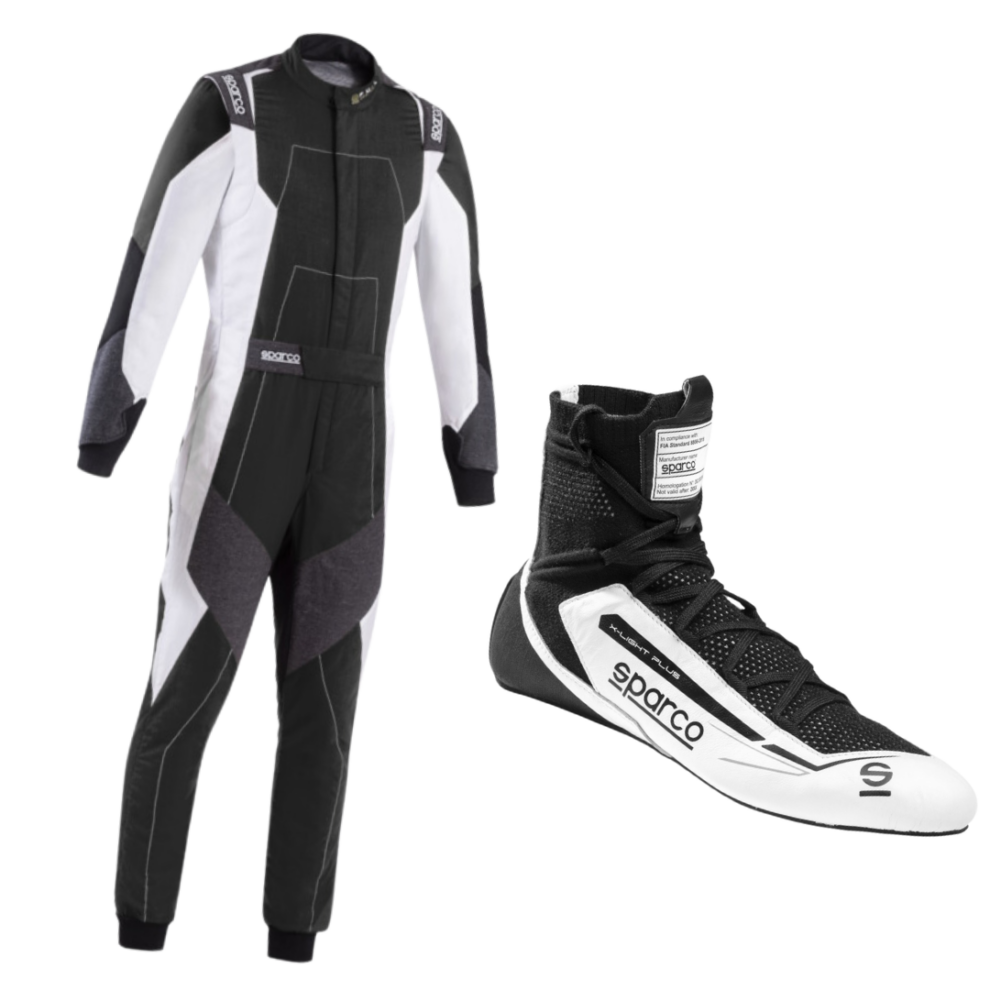 The Sparco X-Light Full Efficiency race suit in black, white and grey beside a black and white Sparco X-Light Plus race boot, on a white background