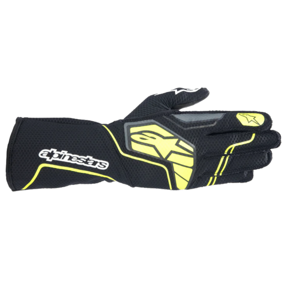 An Alpinestars Tech 1-KX V4 kart glove in tar grey, black and fluorescent yellow, on a white background