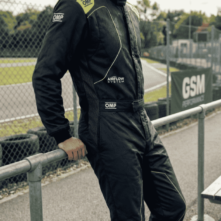 OMP-KS-4-Kart-Suit-2026-KA0-1735-A01-Black-and-Fluro-Yellow-2-GSM-Performance close up