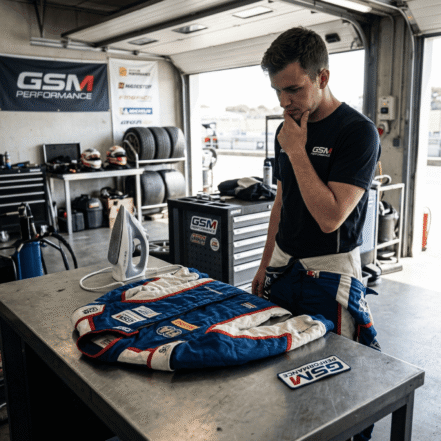 Sponsor logos and decals on an FIA race suit