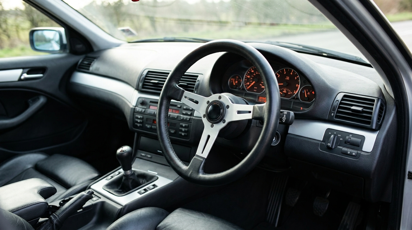 Illustration of a right hand drive BMW E46 interior with a classic three-spoke aftermarket steering wheel fitted