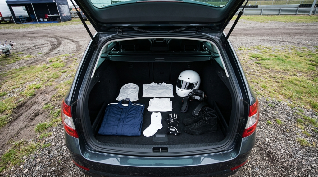 Illustration of a full set of hillclimb safety wear laid out in a car boot: race suit, balaclava, flame-resistant underwear, socks, gloves, boots, helmet and FHR device
