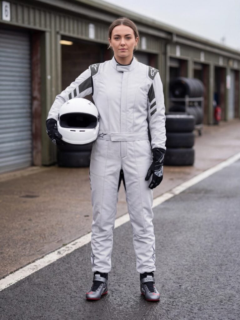 Driver wearing the Alpinestars GP Race V3 race suit in Silver and Anthracite with Tech 1-Z V3 boots in Dark Silver, Black and Red and Tech 1-ZX V4 gloves in Black and Anthracite, in a UK circuit pit lane