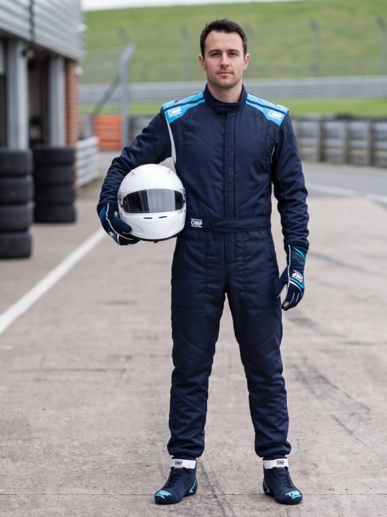 Driver wearing the OMP First S race suit in Blue with OMP First race boots and gloves in Navy Blue and Light Blue, in a UK circuit pit lane