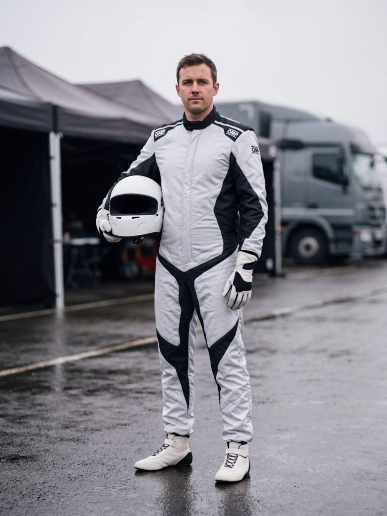 The OMP One Evo X race suit in Silver, worn with white One Evo X race boots and gloves in a circuit paddock