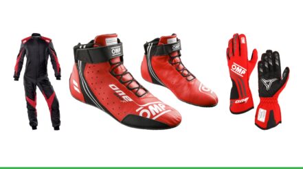 The OMP One Evo X race suit, boots and gloves in Black & Red