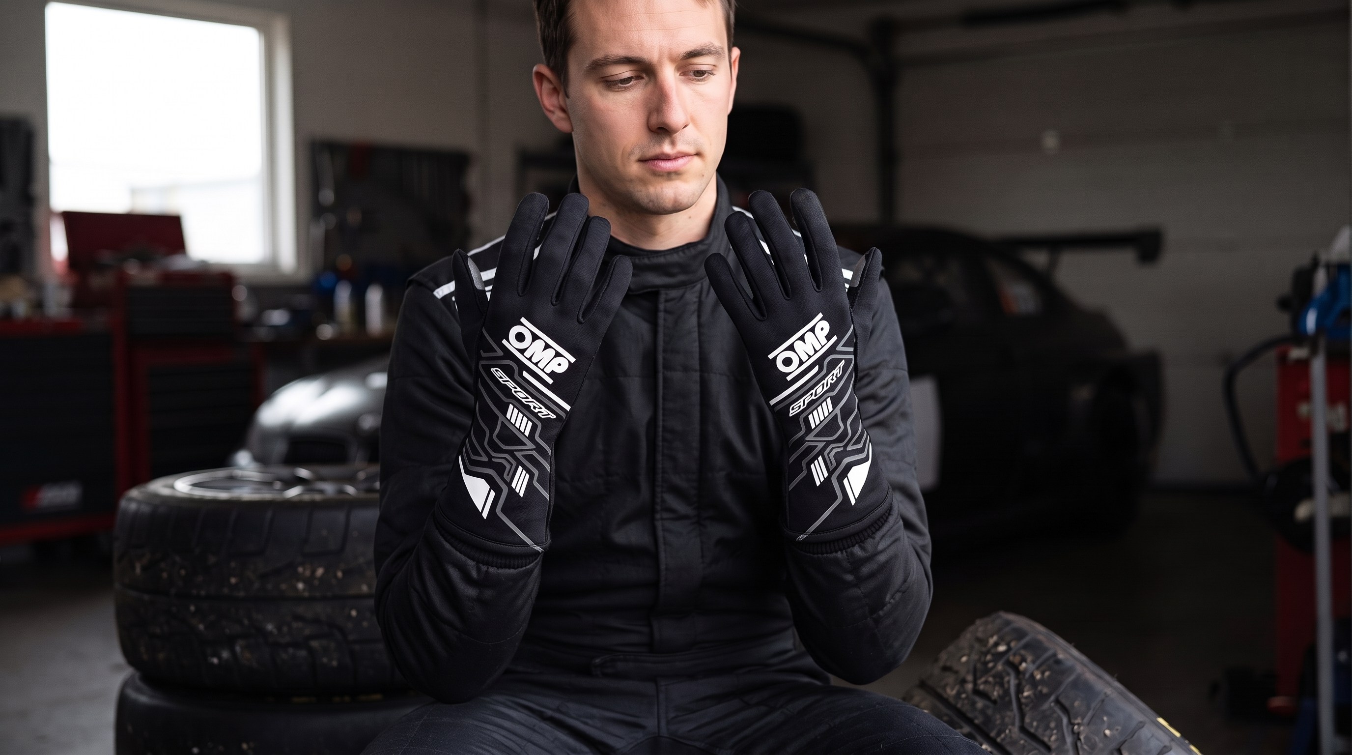 A driver in a black race suit sitting on tyres in a race garage wearing black OMP Sport race gloves, holding both hands up and looking at the gloves thoughtfully